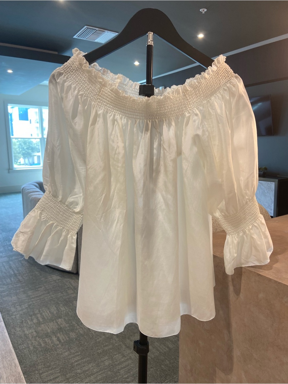 7 For All Mankind White Off-the-Shoulder Smocked Peasant Top